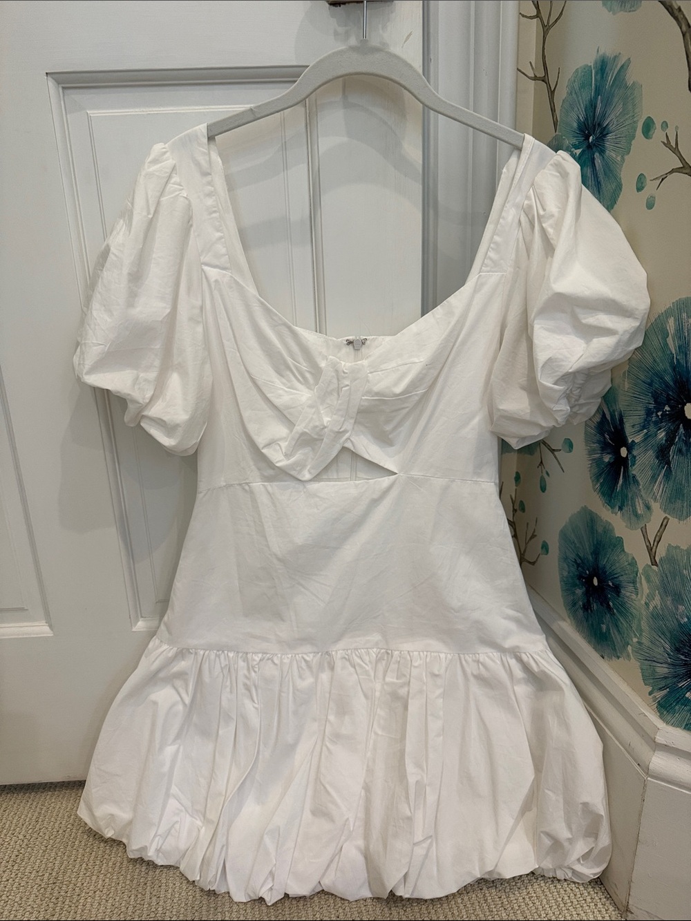 White Puff Sleeve Mini Dress with Bow Detail